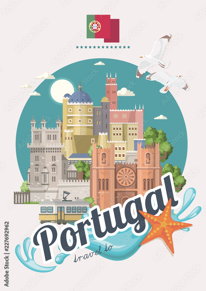 Portugal travel vector postcard in modern flat style with Lisbon buildings and portuguese souvenirs - obrazy, fototapety, plakaty 