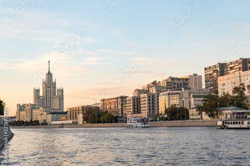 Moscow river evening panorama with a city skyline and Stalin s skyscraper in the background