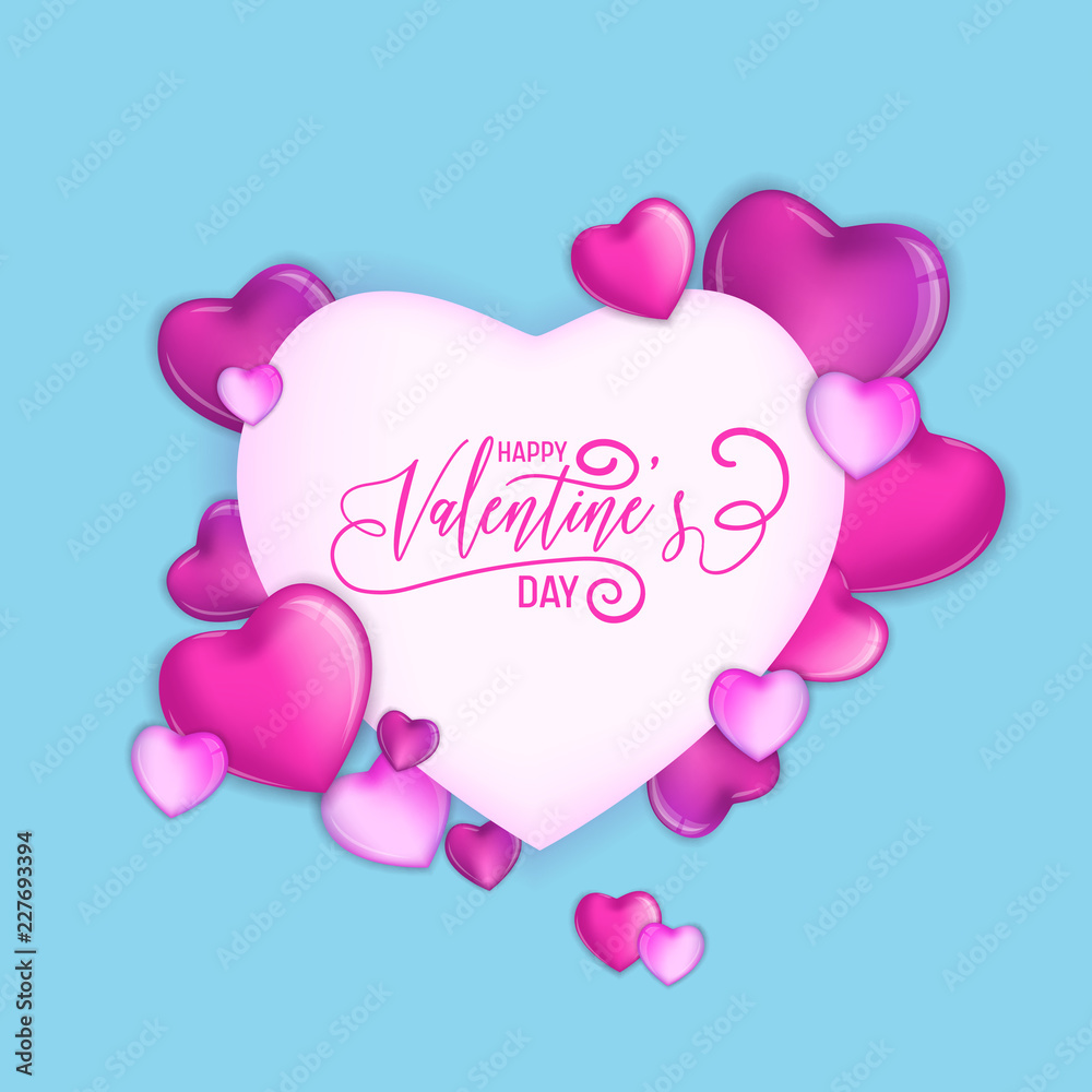 3d Colorful Hearts for Happy Valentines Day Hand Drawn Lettering design, Love card vector illustration, Wedding Party Flyer or Poster