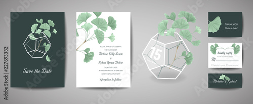 Set of Botanical retro wedding invitation card, modern Save the Date, template design of ginkgo biloba leaves illustration. Vector trendy cover, pastel graphic poster, brochure