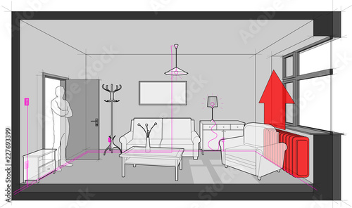 room furnished with sofa and chair and table and cabinets and ceiling lamp and cloths hanger and painting on the wall heated with radiator heating and with electric installations