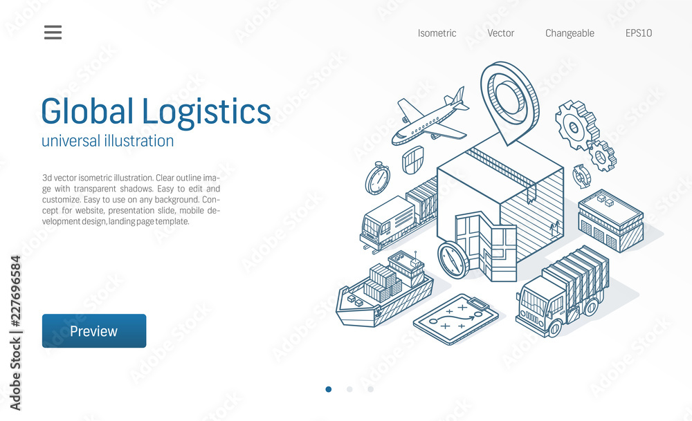 Fototapeta premium Global logistic service modern isometric line illustration. Export, import, warehouse business, transport sketch drawn icons. 3d vector background. Box storage, distribution, cargo delivery concept.
