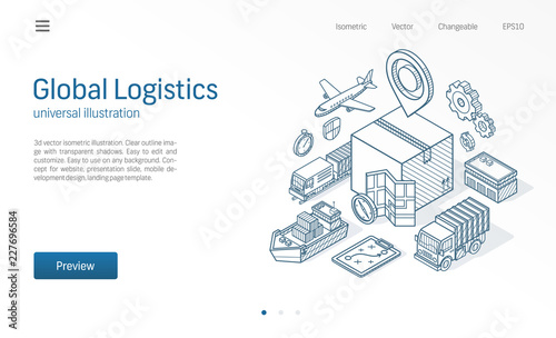 Global logistic service modern isometric line illustration. Export, import, warehouse business, transport sketch drawn icons. 3d vector background. Box storage, distribution, cargo delivery concept.