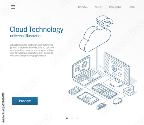 Cloud computing technology modern isometric line illustration. Database, online server, internet platform business sketch drawn icons set. 3d vector background. Information storage network concept.