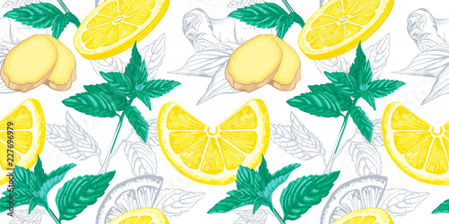 Lemon, mint and ginger seamless pattern. Ink sketch lemons, ginger, mint. Citrus fruit background. Elements for menu, greeting cards, wrapping paper, cosmetics packaging, posters etc