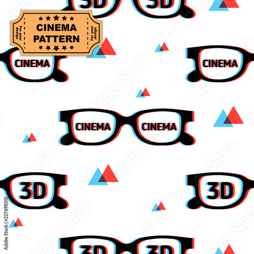 Geek glasses seamless vector pattern, print for graphic design, fabric, fashion. Vector on white background with red and blue triangles