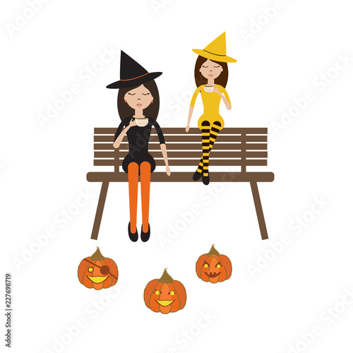 Pretty scenery in a rustic style. Beautiful girls on a cute bench. Pumpkins on the Helloween.Vector illustration