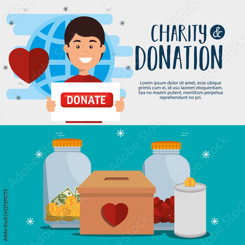 man with charity donation icons