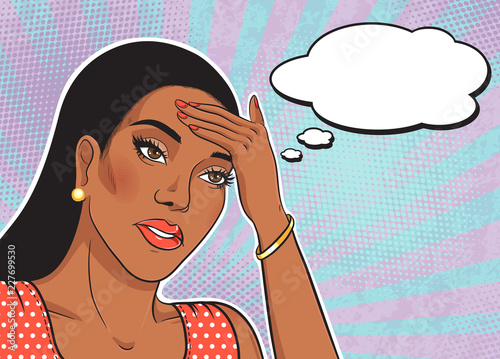 African american fatigue woman face with thinking balloon vector illustration in pop art retro comic style, sad woman portrait