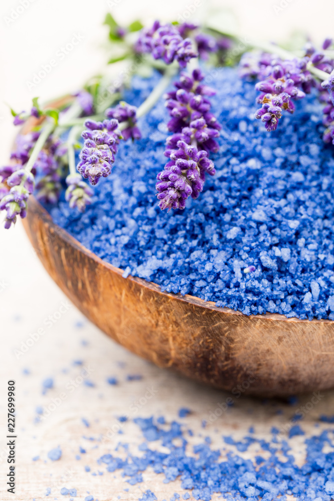 Essential lavender salt with flowers top view. Essential lavender salt with flowers top view.