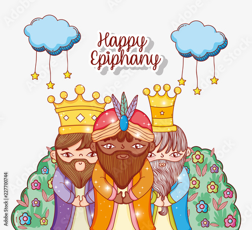 three kings with bushes flowers and clouds
