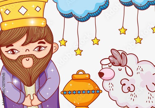 king wearing crown with clouds stars and sheep