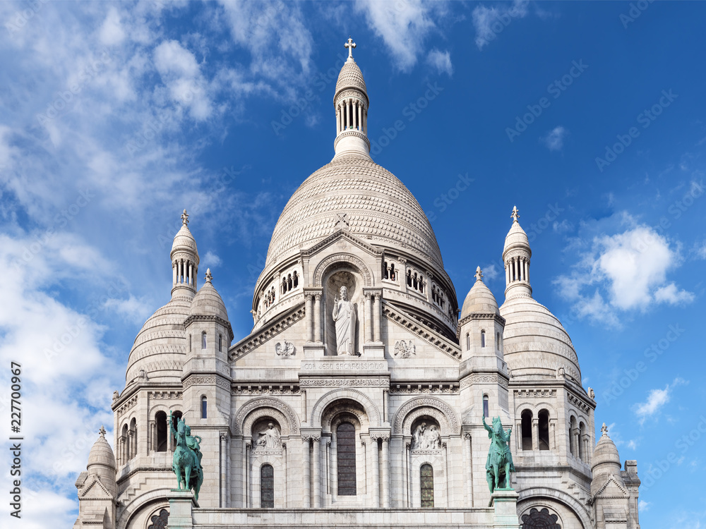 Sacre Coeur Basilica on Montmartre hill - Paris, France. HD Close-up view.