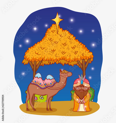 king with camel animal in the manger and stars