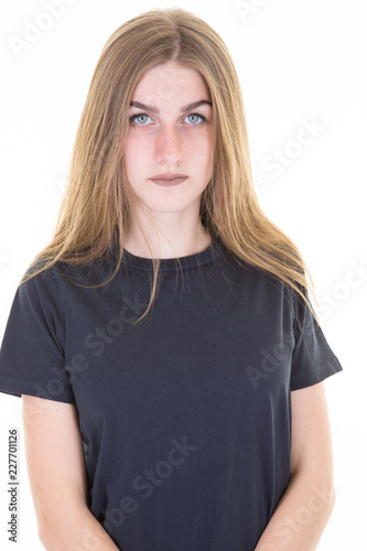 Young casual woman style in white studio portrait