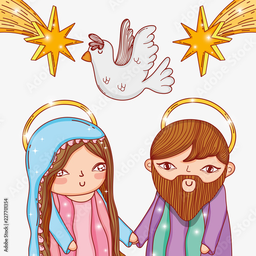 joseph and mary together with stars and bird