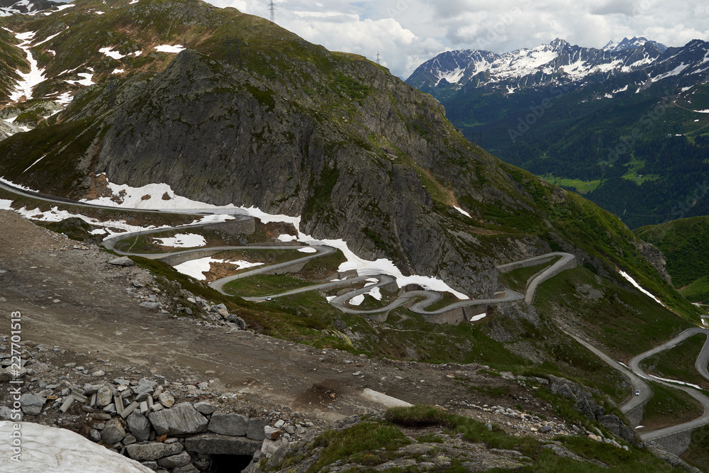 Dangerous serpentine road in the Swiss Alps