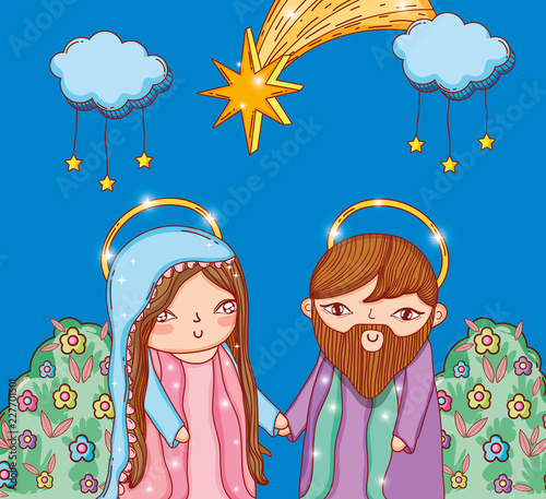 joseph and mary with clouds stars and bushes