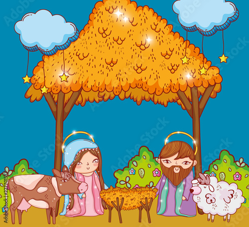 joseph and mary in the manger cradle and clouds