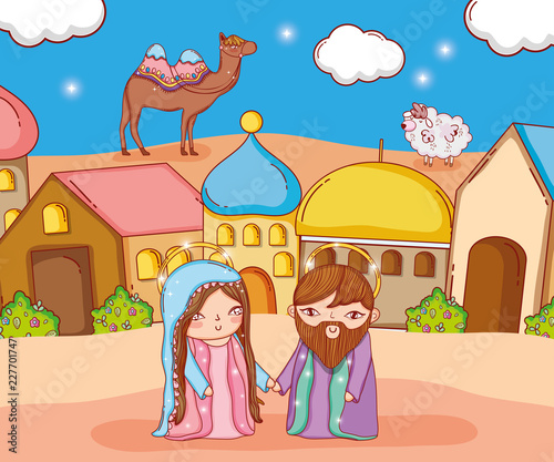 joseph and mary with camel and sheep in the city