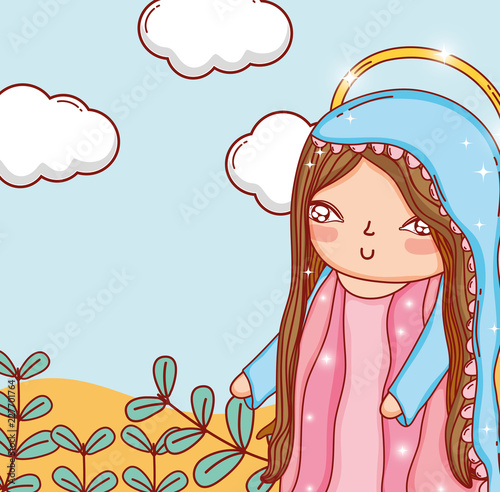 mary with branches leaves plants and clouds