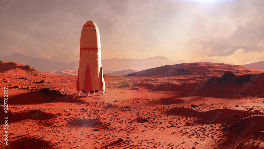 landscape on planet Mars, rocket landing on the red planet's surface - obrazy, fototapety, plakaty 