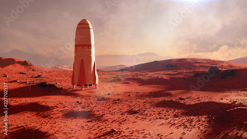 Fototapeta Naklejka Na Ścianę i Meble -  landscape on planet Mars, rocket landing on the red planet's surface