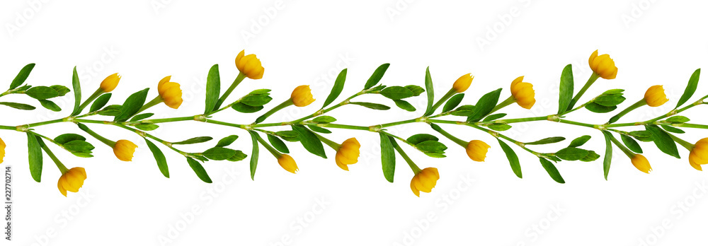 Seamless arrangement with green leaves and yellow flowers
