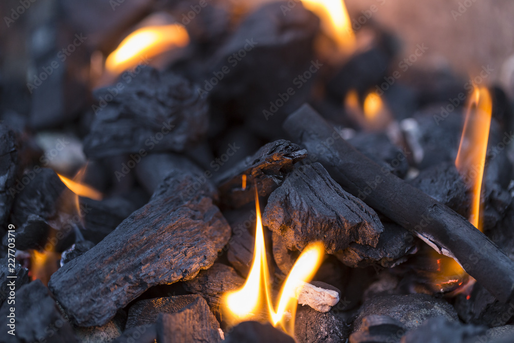 Charcoal burning with flames for barbecue, bbq Charcoal burning with flames for barbecue, bbq