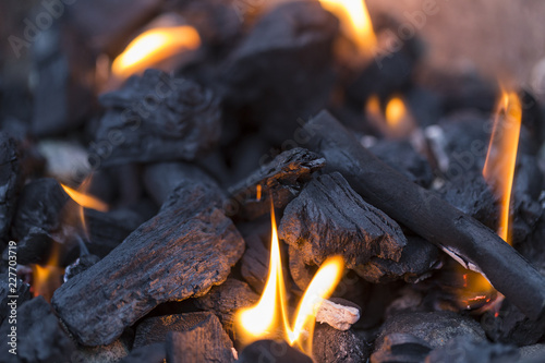 Charcoal burning with flames for barbecue, bbq