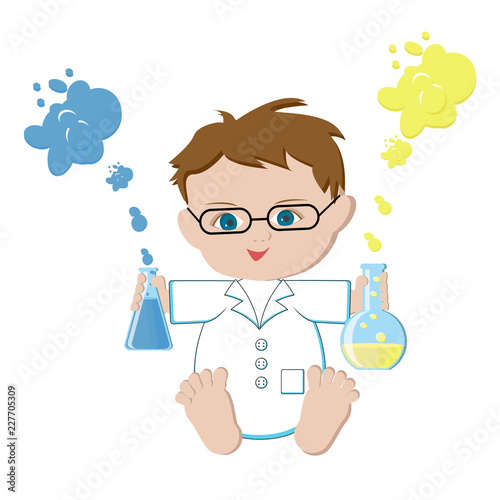 Baby scientist holding flasks with chemical solutions on white background.