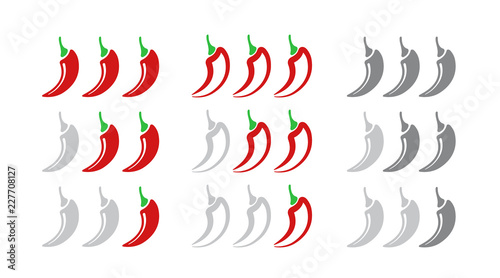 Hot red pepper strength scale. Set of indicator with mild, medium and hot icon positions isolated on white background.