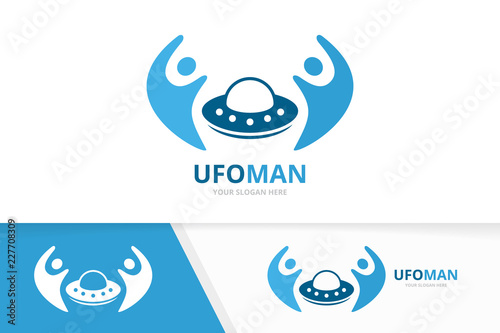 Vector UFO and people logo combination. Spaceship and family symbol or icon. Unique alien logotype design template.
