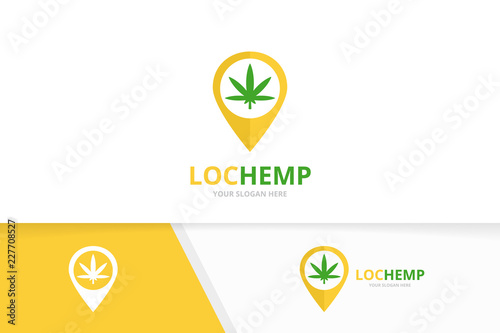 Vector marijuana leaf and map pointer logo combination. Hemp and gps locator symbol or icon. Unique cannabis and pin logotype design template.