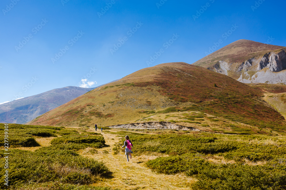 Two little girls and a man walking on a mountain meadow in autumn. Mountain climbing, with backpacks, Grass is yellow, hay. Family hiking up hill, towards the mountain peak. Shot from the back, rear.