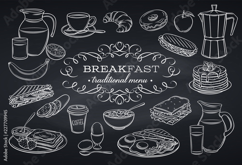 set breakfast icons on chalkboard