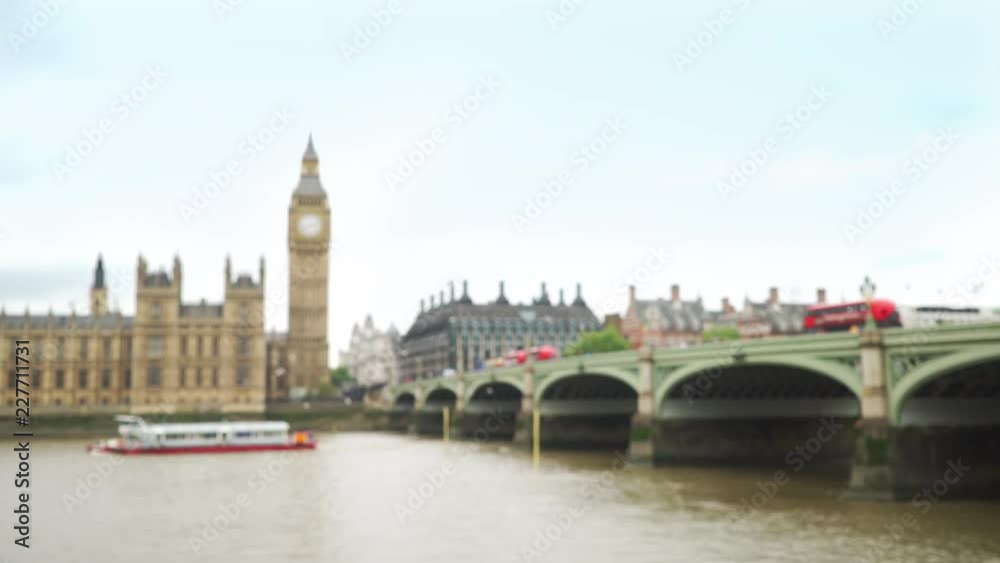 View of boat floating by on River Thames with Big Ben in background, defocused View of boat floating by on River Thames with Big Ben in background, defocused