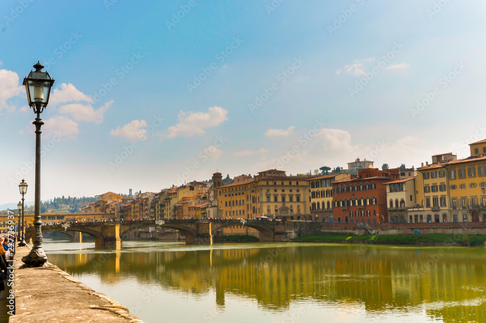 Panoramic photo of the Ponte Vecchio in Florence, a famous bridge in Florence, Italy.