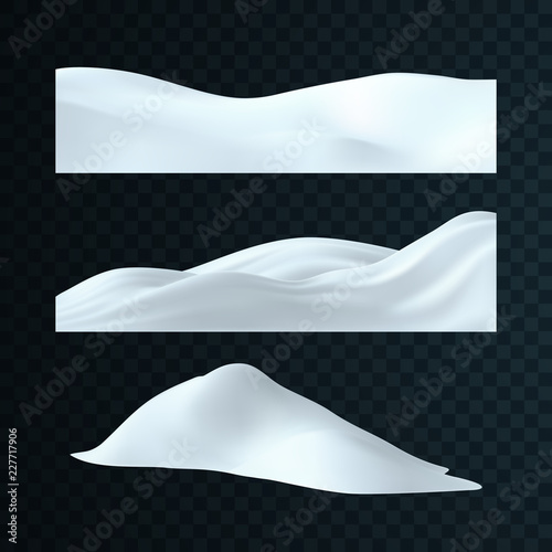 Set of snowy landscapes isolated on dark transparent background. Vector illustration of winter decorations. Snow background. Snowdrift template. Game art concept. Seasonal elements for design