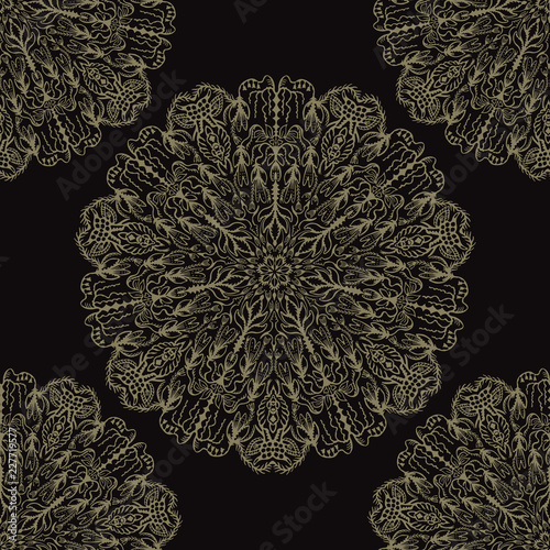 Flower Mandala Seamless Vector Pattern, Hand Drawn Lace Ornament Flourish Illustration for Trendy Home Decor, Yoga Fashion Print, Indian Style Wallpaper. Eastern Tattoo Designs. Meditation Background.