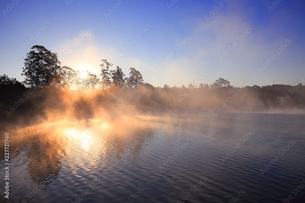 Sun light through trees in misty morning Kandawgyi Lake, Myanmar Sun light through trees in misty morning Kandawgyi Lake, Myanmar