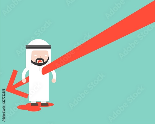 Falling Arrow stab Arab businessman’s body, design stock turnover decrease concept