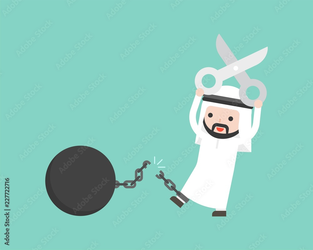 Φωτογραφία Arab Businessman use scissor cutting chain from iron ball, freedom from burden b