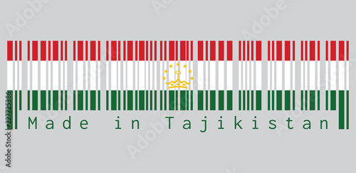 Barcode set the color of Tajikistan flag, red white and green; charged with a crown surmounted by an arc of seven stars. text: Made in Tajikistan, concept of sale or business.