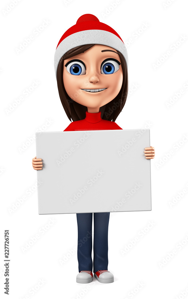 Cheerful girl in Christmas clothes shows a blank board. 3d render illustration. Cheerful girl in Christmas clothes shows a blank board. 3d render illustration.