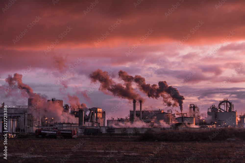 Factory, chimney, sunset, smoke