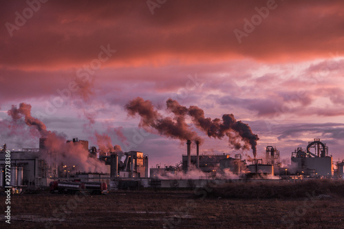 Factory, chimney, sunset, smoke