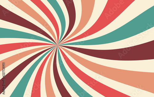 retro starburst or sunburst background vector pattern with a vintage color palette of red pink peach teal blue brown and beige in a spiral or swirled radial striped design © Arlenta Apostrophe