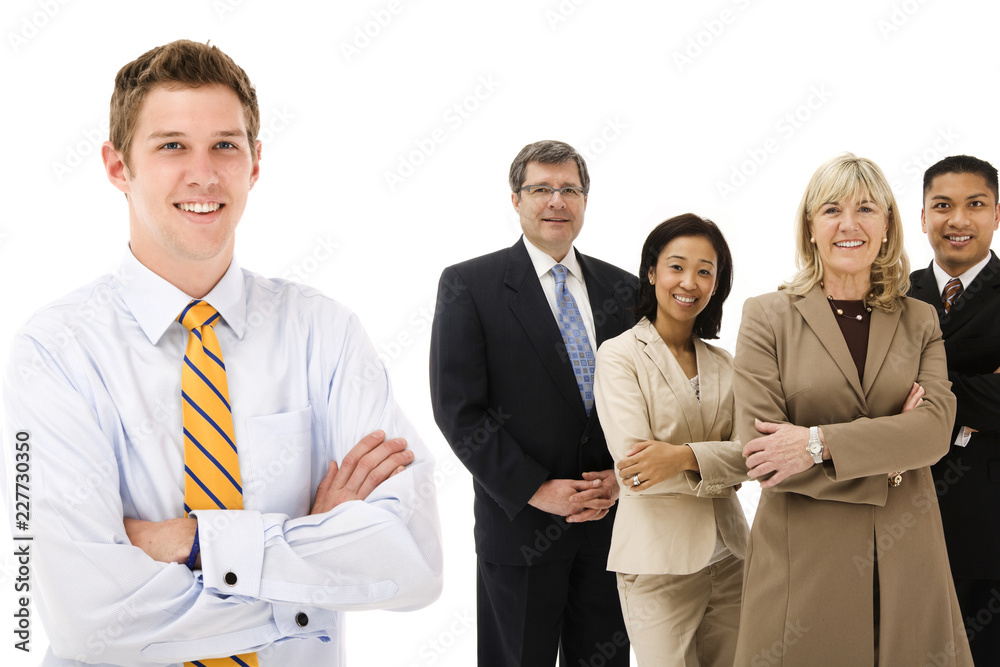 group of business people standing in front of his team group of business people standing in front of his team