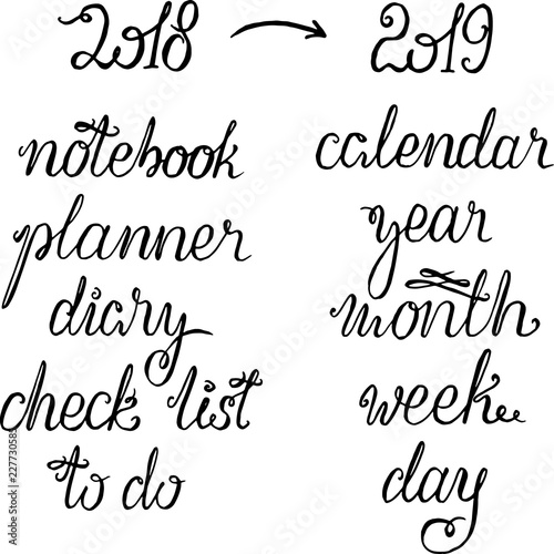 New Year 2019 Lettering for Calendar  Planner or Organizer - Title  Words for Headline or Cover  Year Numbers as a Bonus